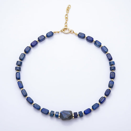16K Gold Filled 10mm Lapis Lazuli Labradorite Tube Rectangle Gemstone Chain 19 Inch Necklace w. Push Gate Clasps | WA-00428