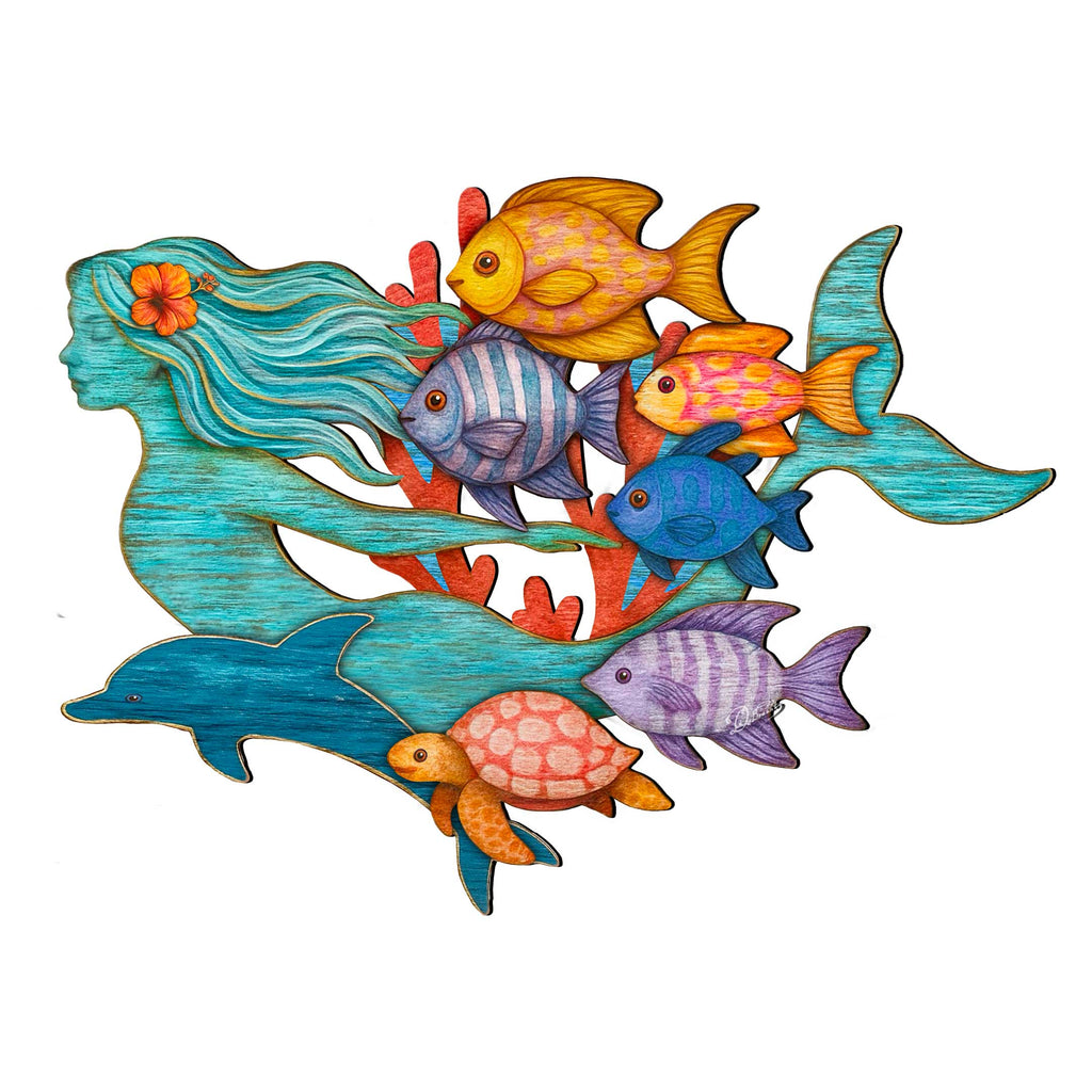 Tropical Mermaid Coastal Door Hanger - Handcrafted Underwater Friends Coastal Wall Art by G. DeBrekht - Coastal Holiday Decor - 81985144H