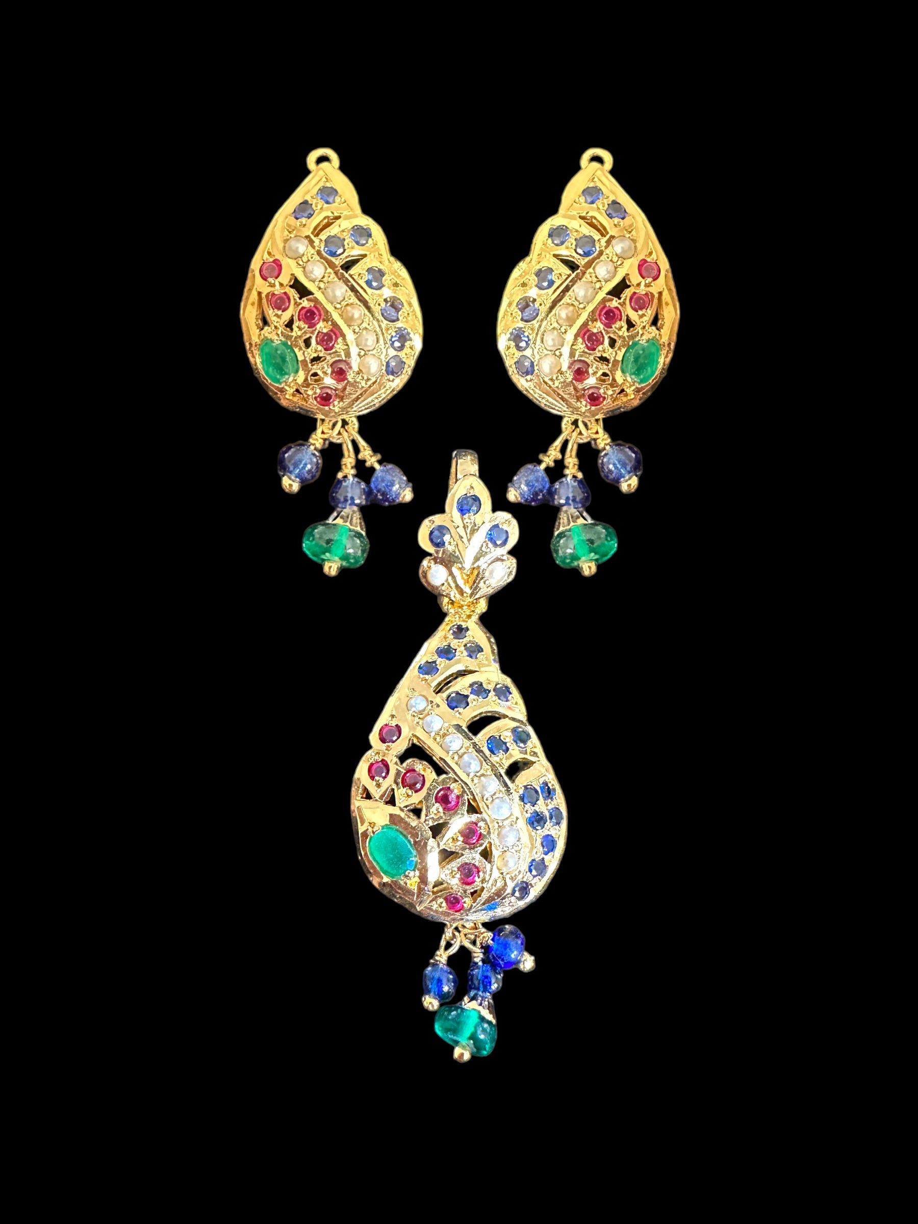 Emerald & Sapphire Gold-Plated Silver Pendant Set with Freshwater Pearls ( READY TO SHIP )