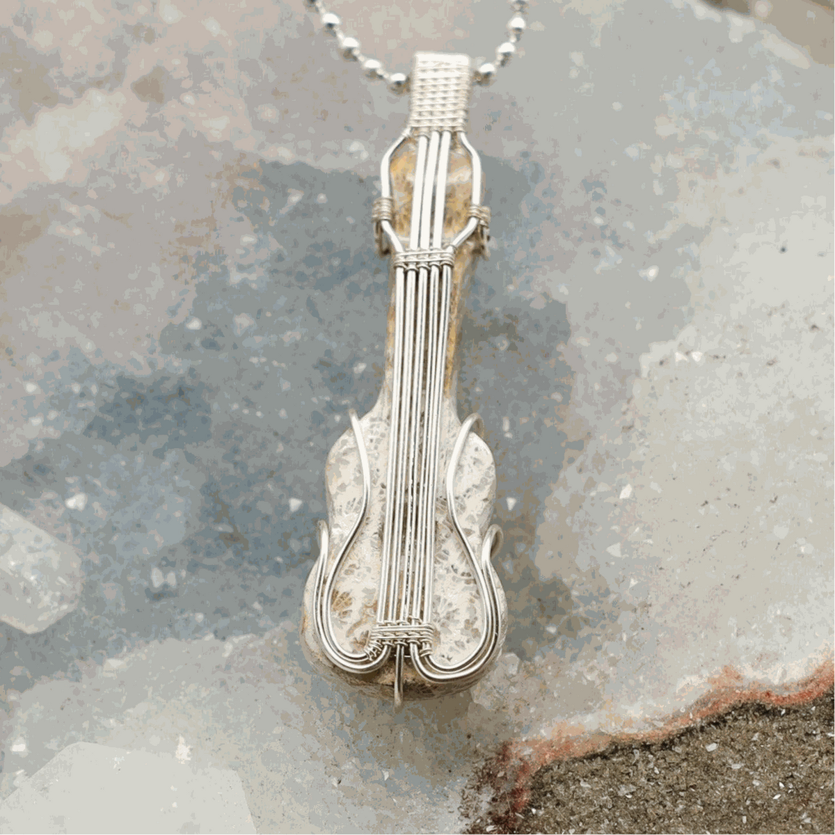 Agatized Coral Crystal Violin Wire Wrap Pendant Copper