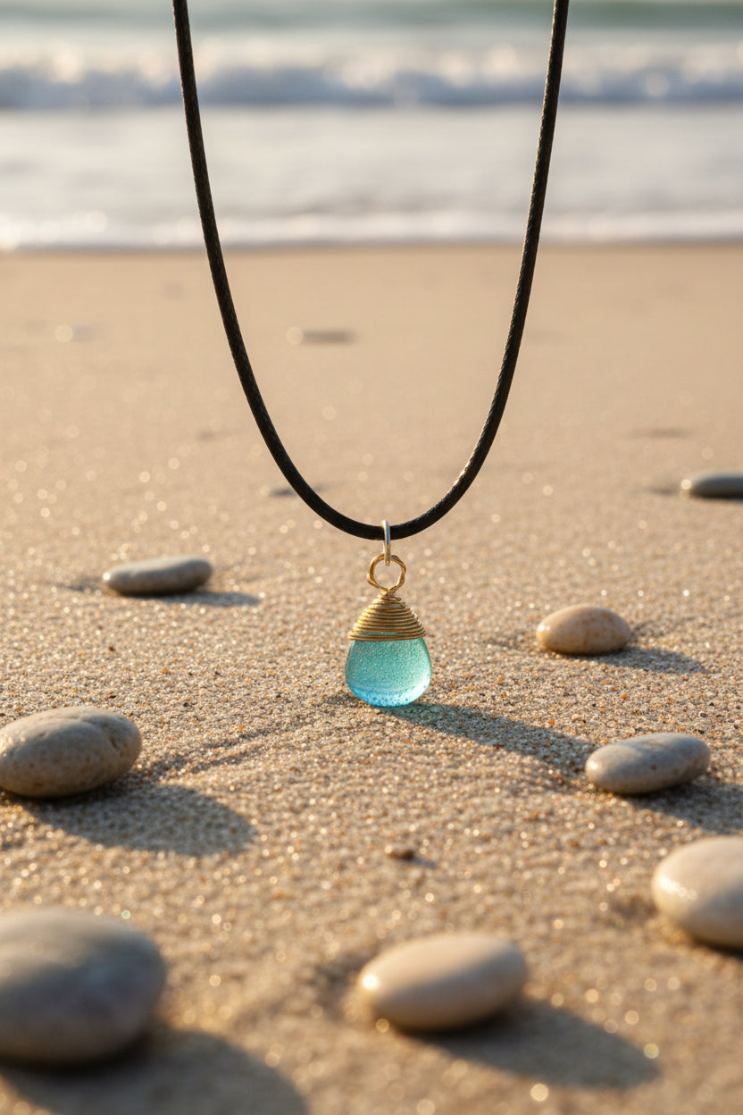 Green Crystal Pendant – 24K Gold Wire Wrap on Sterling Silver Chain
