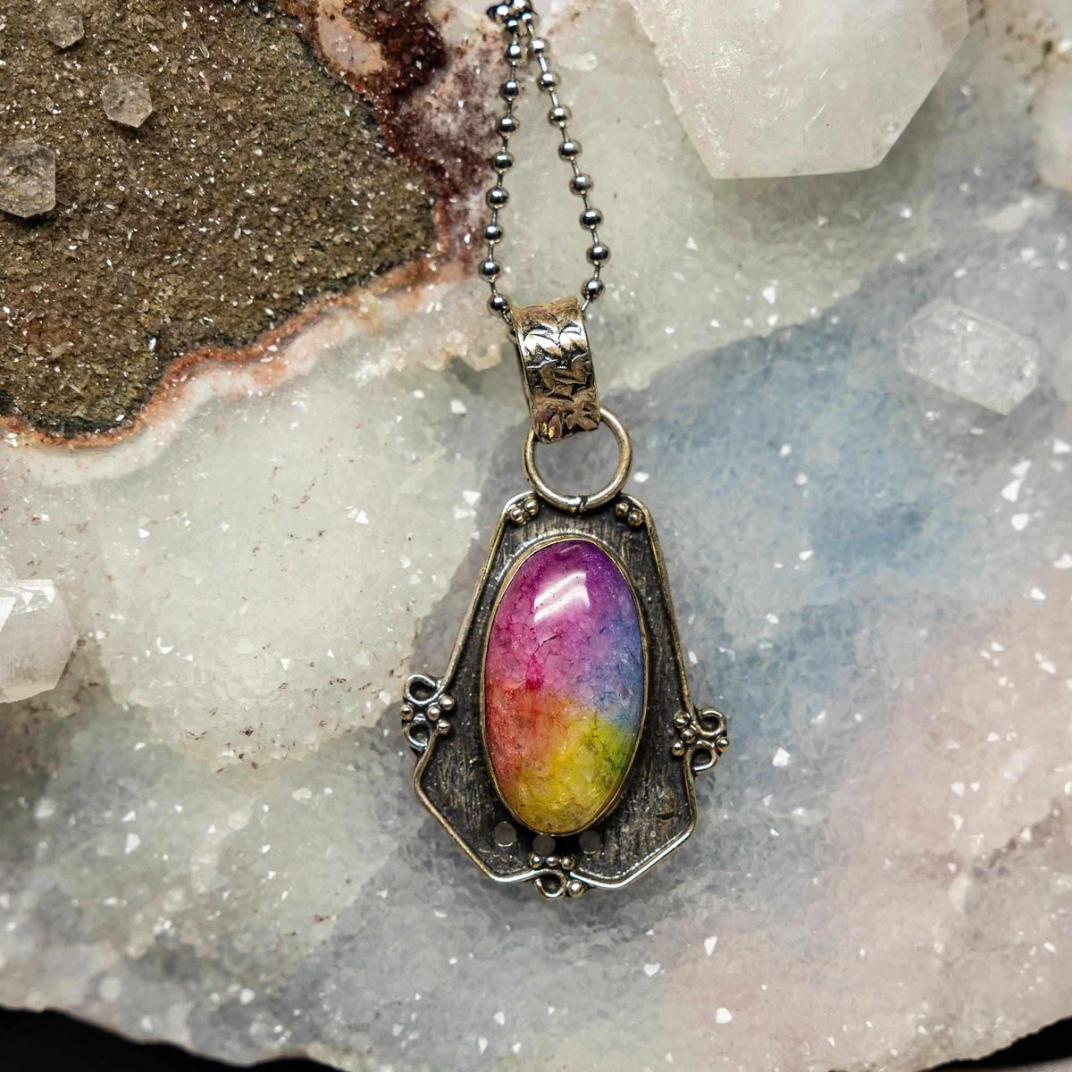 Chakra Quartz Crystal Sterling Silver Pendant Seven Colors
