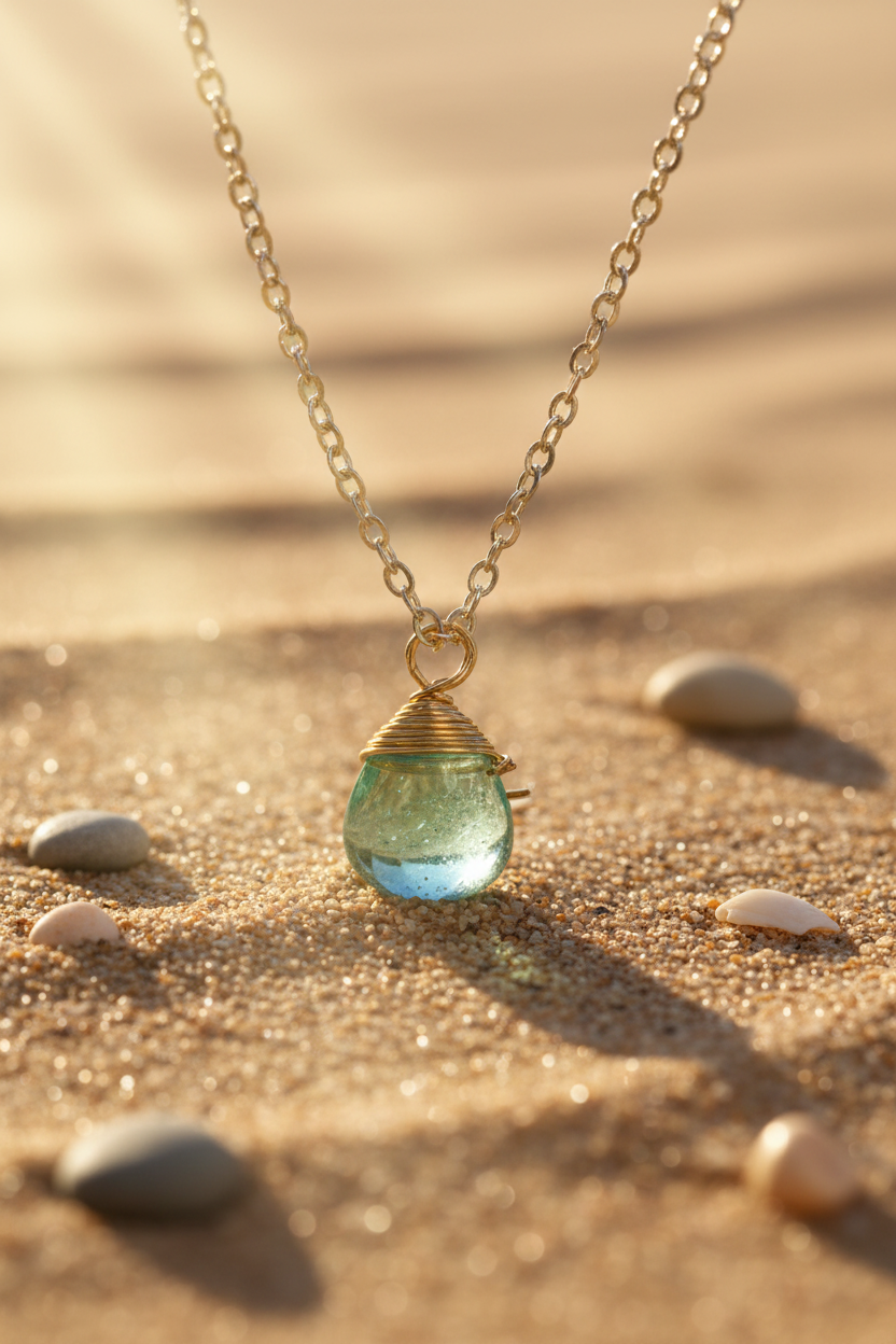 Green Crystal Pendant – 24K Gold Wire Wrap on Sterling Silver Chain