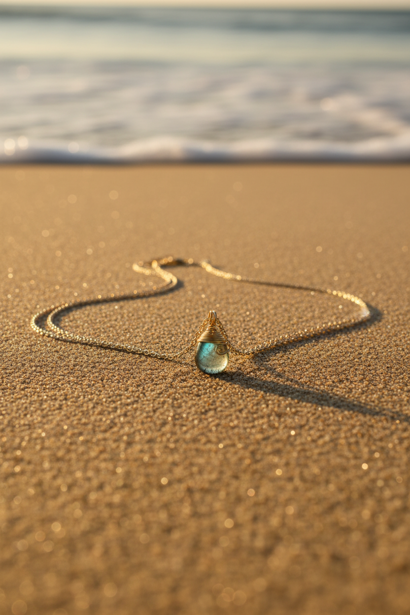 Green Crystal Pendant – 24K Gold Wire Wrap on Sterling Silver Chain
