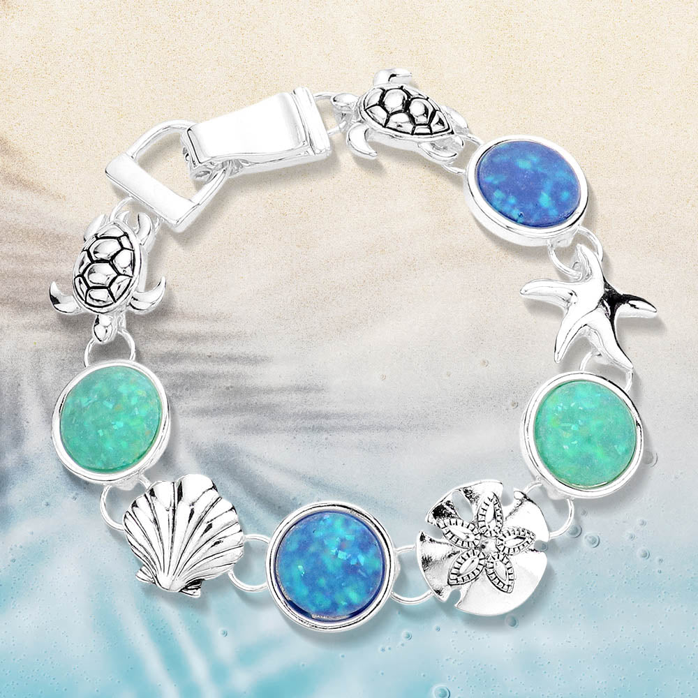 Sea Glass Embossed Metal Sea Life Magnetic Link Bracelet