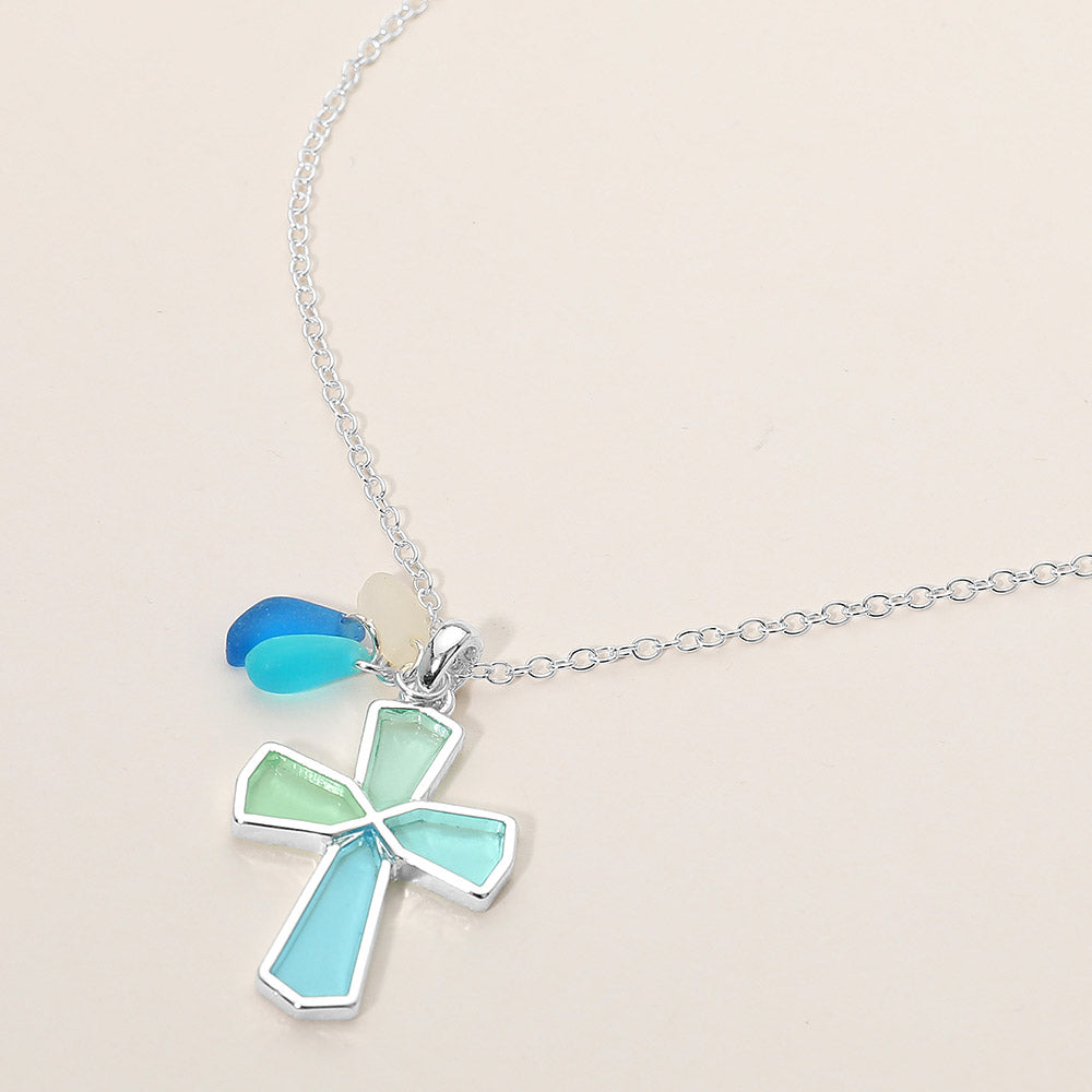 Sea Glass Coastal Cross Pendant Necklace