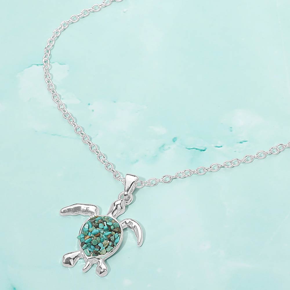 Crushed Pebble Sea Turtle Pendant Necklace