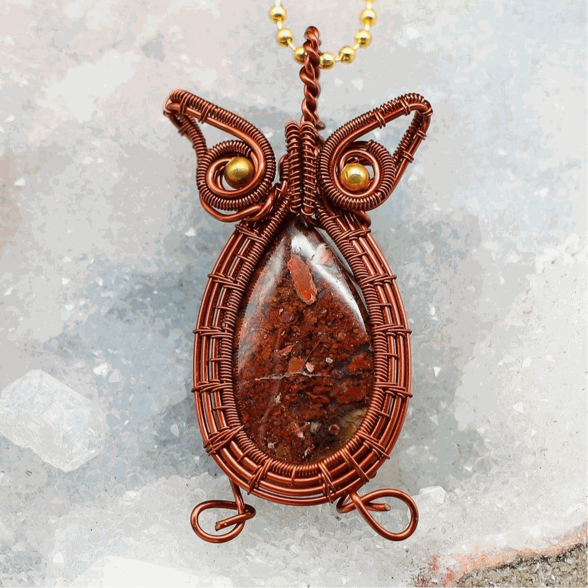 Poppy Jasper Copper Wire Wrapped Owl Pendant Necklace