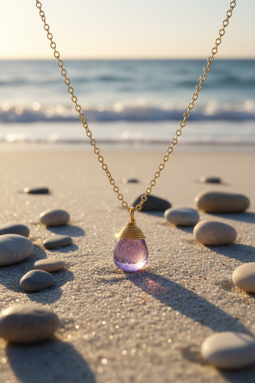 Green Crystal Pendant – 24K Gold Wire Wrap on Sterling Silver Chain
