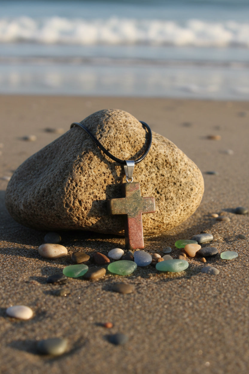 African Bloodstone Cross Pendant Necklace