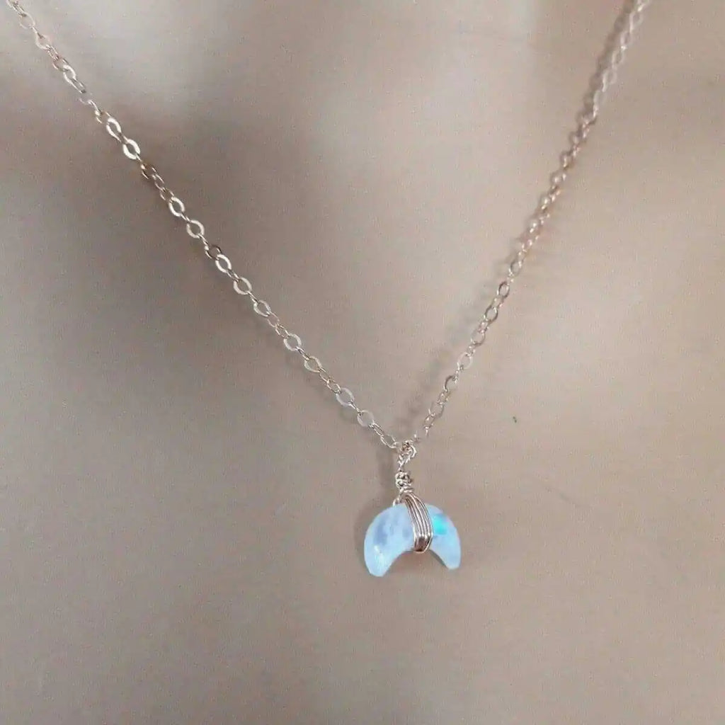 Rose Gold Wire Wrapped Crescent Moonstone Necklace