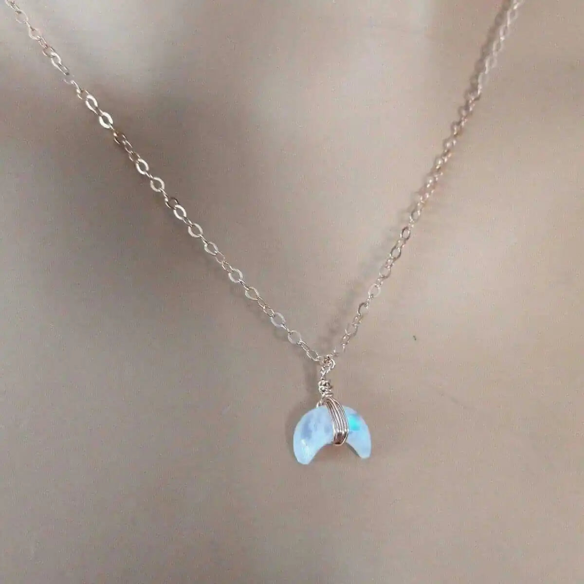 Rose Gold Wire Wrapped Crescent Moonstone Necklace