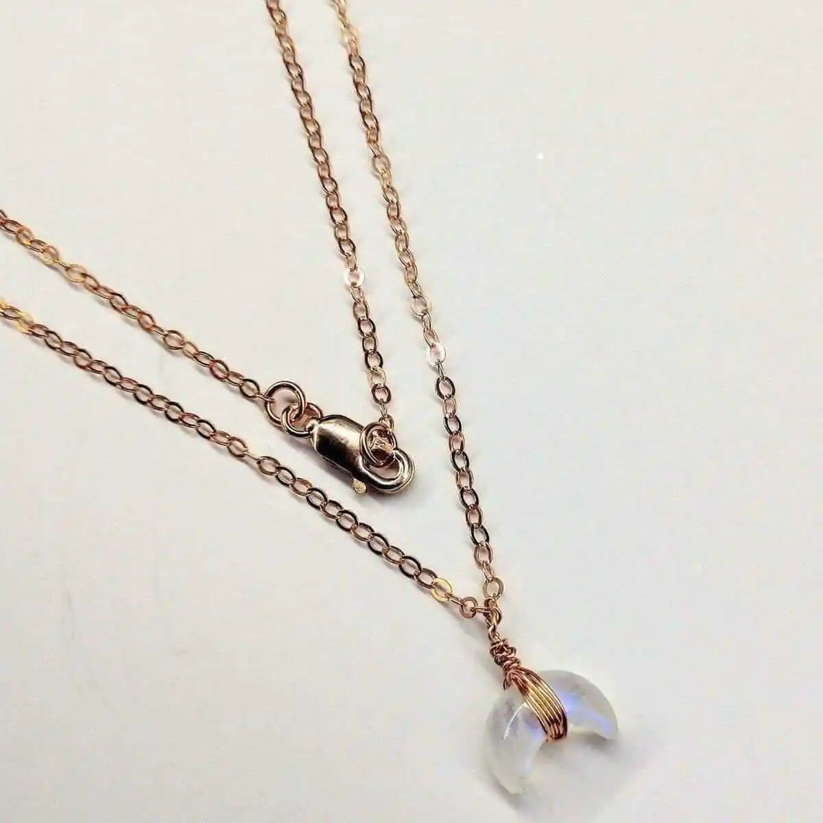 Rose Gold Wire Wrapped Crescent Moonstone Necklace