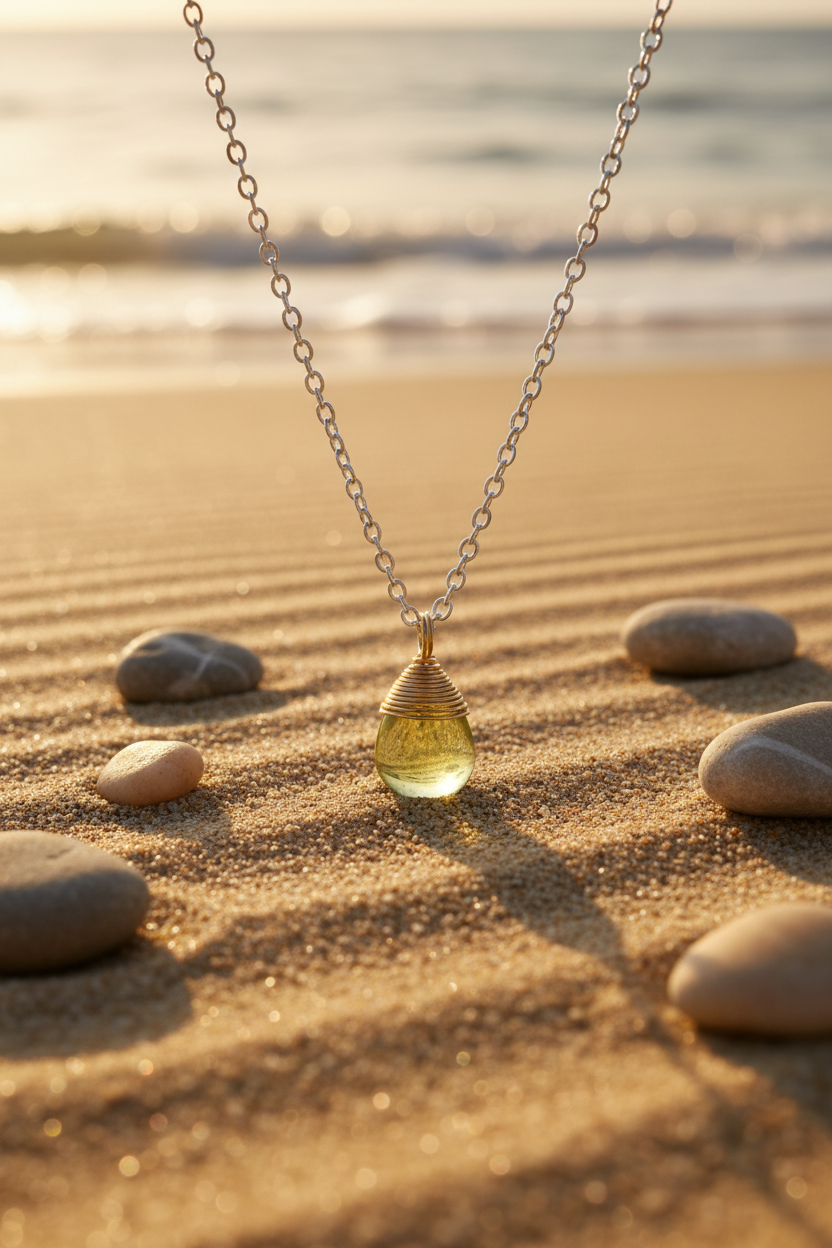 Green Crystal Pendant – 24K Gold Wire Wrap on Sterling Silver Chain
