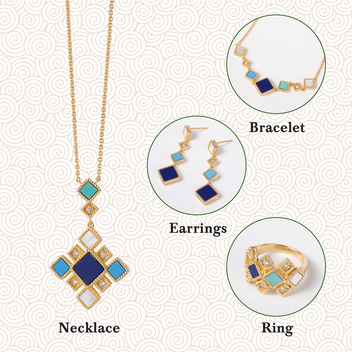 Celeste Geometric Gemstone Jewelry Set | Islamic Blue Stone Jewelry Set (MAC253)