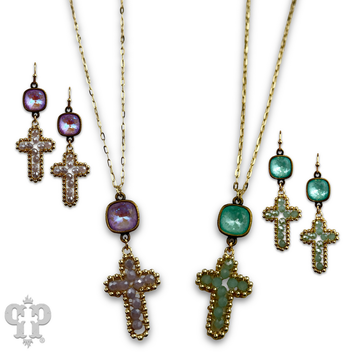 Wire wrapped bead cross earring with crystals from Swarovski®