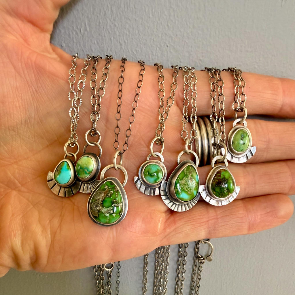 Sonoran Gold Turquoise Necklace in Sterling Silver | Green Teardrop Pendant